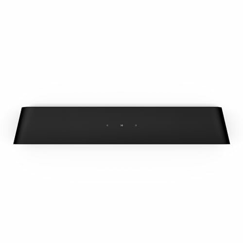 Minimalist black soundbar on a white background