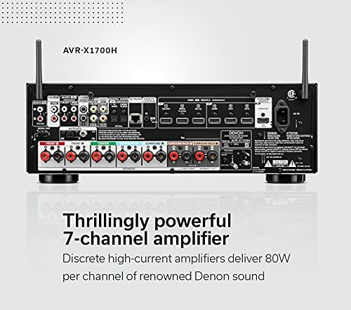 Back panel of Denon AVR-X1700H 7-channel amplifier with various input and output ports.