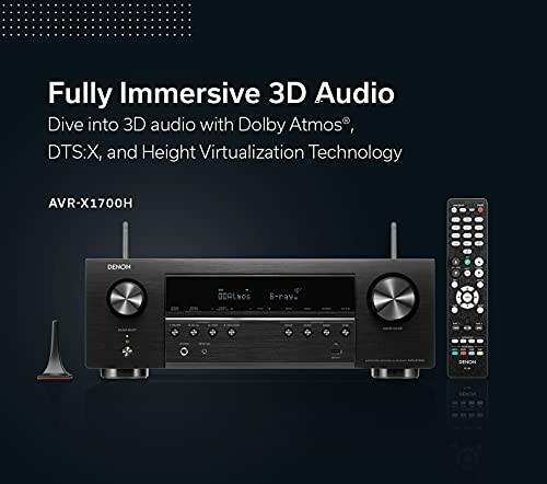 Denon AVR-X1700H receiver with remote and text about 3D audio features.