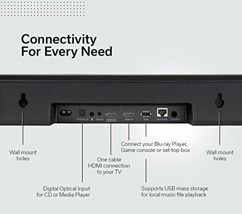 Soundbar connectivity options with HDMI, USB, and optical input.